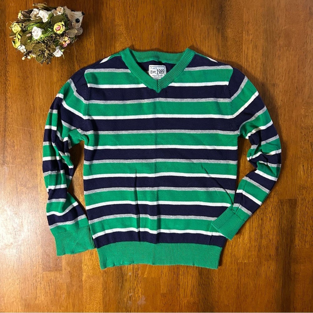 Striped Cotton V-Neck Sweater | Boys Size Small (5/6) | Navy & Green